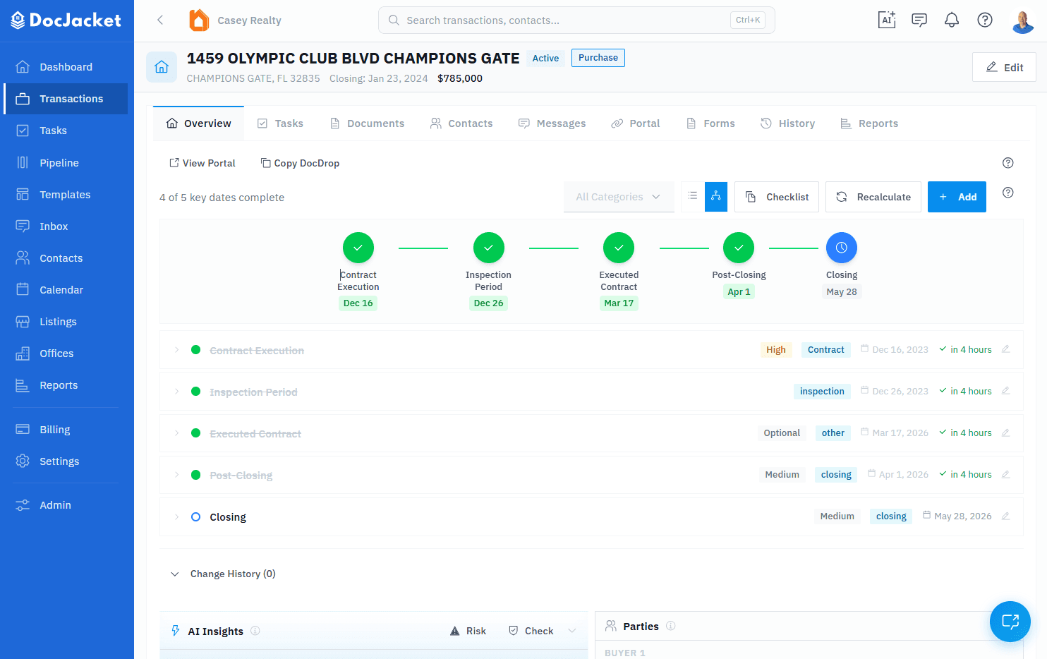 DocJacket transaction timeline auto-built from contract dates — inspection, appraisal, financing, closing