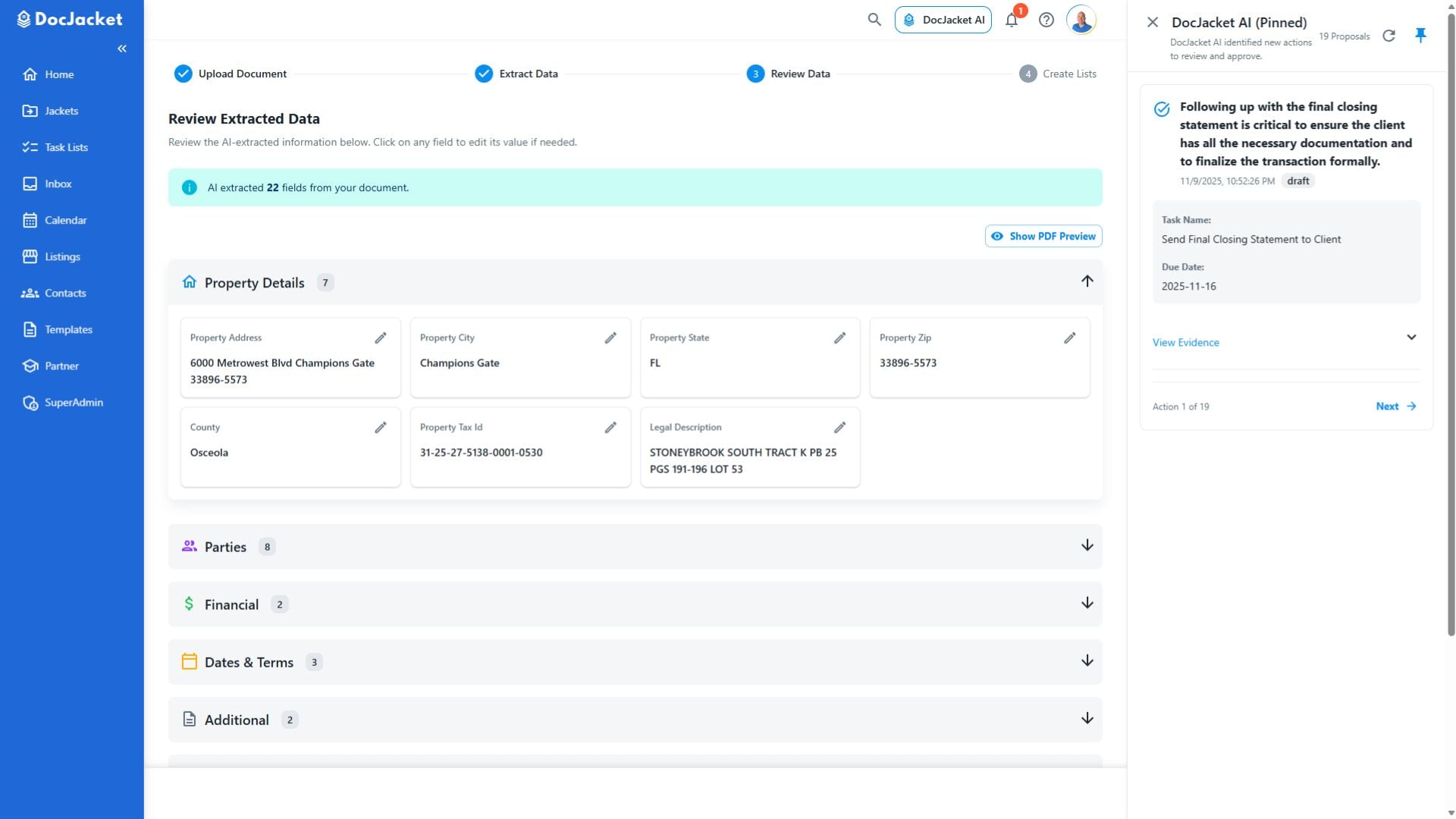 DocJacket dashboard showing transaction coordination interface