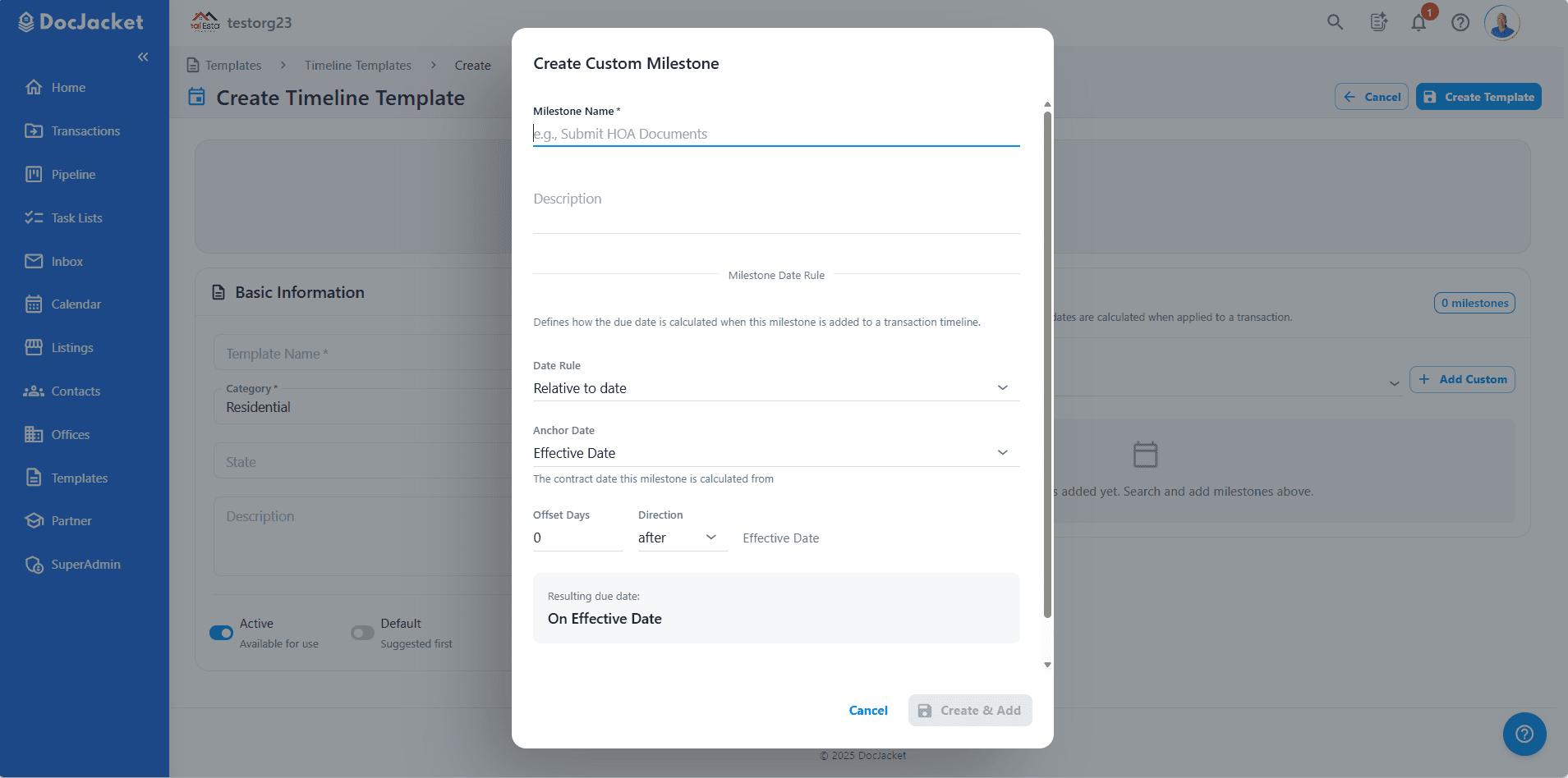 DocJacket automatically creating milestones from contract dates