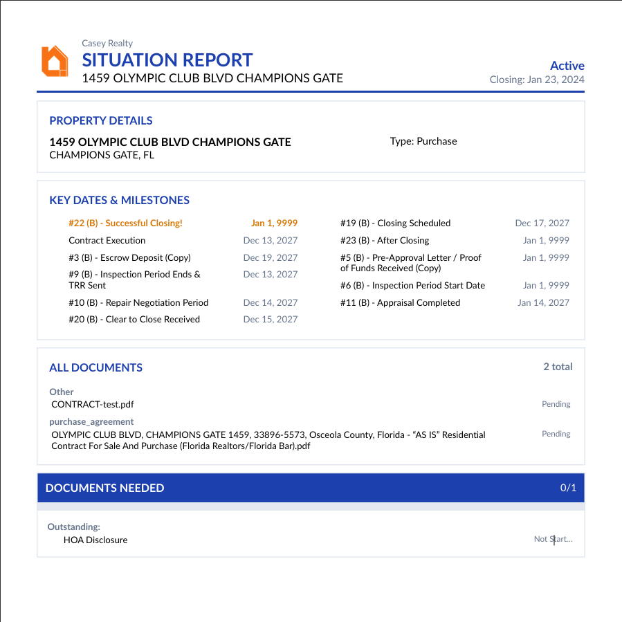 DocJacket Situation Report showing a complete deal status summary ready to share